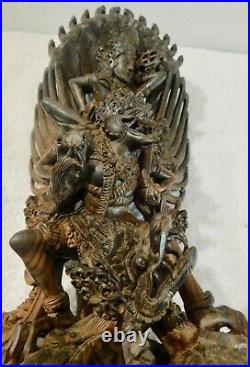 Vintage Signed Bali Wood Carving Vishnu Riding Garuda Naga Pita Maha Art Society