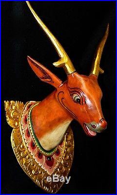 Vintage Style Carved Wood Deer taxidermy Mount Wall Decor Boho Chic Balinese art