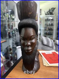 Vintage Tribal Warrior African Carved Statue Bust Heavy Wood