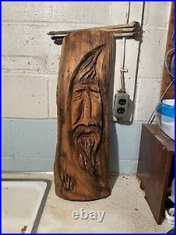 Vintage Whimsical Wood Carving Wall Hanging Art Wizard