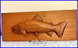 Vintage Wood Carved Fish Trout Wall Mounted Hand Signed Merriam 1977 RARE