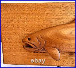 Vintage Wood Carved Fish Trout Wall Mounted Hand Signed Merriam 1977 RARE