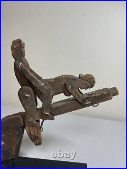 Vintage Wood Carved Nude Sculpture Hand Made Adult With Cast Iron Stand