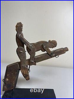 Vintage Wood Carved Nude Sculpture Hand Made Adult With Cast Iron Stand