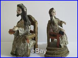 Vintage Wood Carving Clay Old Folk Art Sculpture Man Woman Chair Seated Pair