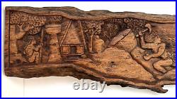 Vintage Wood Relief Carving Large Slab Of Islanders Wall Hanging 28 1/2 Inches