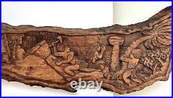 Vintage Wood Relief Carving Large Slab Of Islanders Wall Hanging 28 1/2 Inches