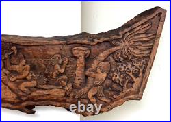 Vintage Wood Relief Carving Large Slab Of Islanders Wall Hanging 28 1/2 Inches