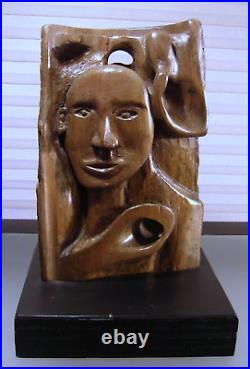 Vintage Wood Sculpture Abstract Art Figure Face