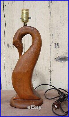 Vintage Wood Sculpture Hand Carved Long Neck Bird Table Lamp Works