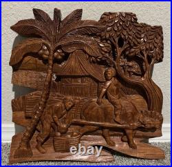 Vintage Wooden Wall Plaque Coconut Harvest 3D Hand Carved Relief Scene Rich Wood