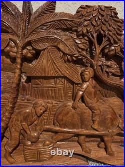 Vintage Wooden Wall Plaque Coconut Harvest 3D Hand Carved Relief Scene Rich Wood