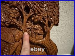 Vintage Wooden Wall Plaque Coconut Harvest 3D Hand Carved Relief Scene Rich Wood