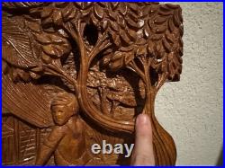 Vintage Wooden Wall Plaque Coconut Harvest 3D Hand Carved Relief Scene Rich Wood