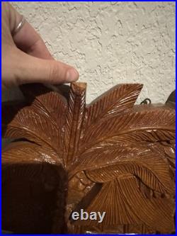 Vintage Wooden Wall Plaque Coconut Harvest 3D Hand Carved Relief Scene Rich Wood