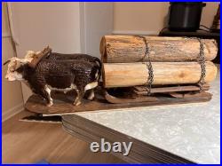 Vintage Yoked Oxen Pulling Logs Folk Art Hand Carved Claude Anible Very Nice