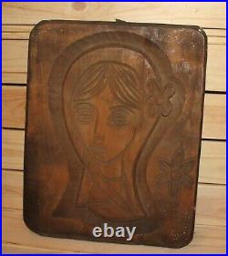 Vintage abstract hand carving wood wall hanging plaque girl portrait