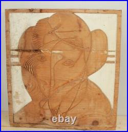Vintage abstract surrealist portrait hand carving wood wall hanging plaque