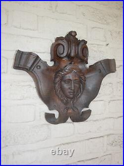 Vintage french wood carved caryatid head sculpture wall plaque relief