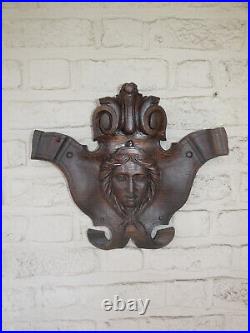 Vintage french wood carved caryatid head sculpture wall plaque relief