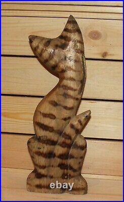 Vintage hand carving wood cat statuette