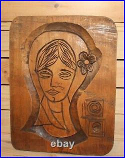 Vintage hand carving wood wall hanging plaque girl portrait