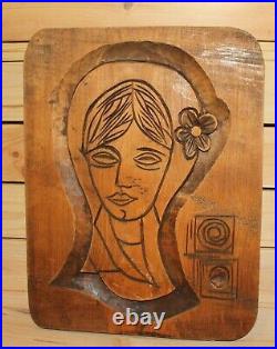 Vintage hand carving wood wall hanging plaque girl portrait