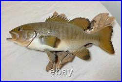 Vintage handmade EG carved wood smallmouth bass wall fish mount trophy sculpture Vintage handmade EG carved wood smallmouth bass wall fish mount trophy sculpture