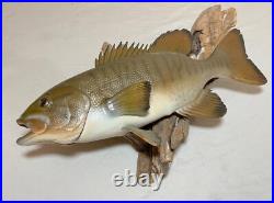 Vintage handmade EG carved wood smallmouth bass wall fish mount trophy sculpture Vintage handmade EG carved wood smallmouth bass wall fish mount trophy sculpture