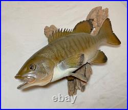 Vintage handmade EG carved wood smallmouth bass wall fish mount trophy sculpture Vintage handmade EG carved wood smallmouth bass wall fish mount trophy sculpture