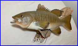 Vintage handmade EG carved wood smallmouth bass wall fish mount trophy sculpture Vintage handmade EG carved wood smallmouth bass wall fish mount trophy sculpture