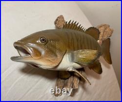 Vintage handmade EG carved wood smallmouth bass wall fish mount trophy sculpture Vintage handmade EG carved wood smallmouth bass wall fish mount trophy sculpture
