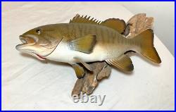 Vintage handmade EG carved wood smallmouth bass wall fish mount trophy sculpture Vintage handmade EG carved wood smallmouth bass wall fish mount trophy sculpture