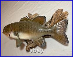 Vintage handmade EG carved wood smallmouth bass wall fish mount trophy sculpture Vintage handmade EG carved wood smallmouth bass wall fish mount trophy sculpture
