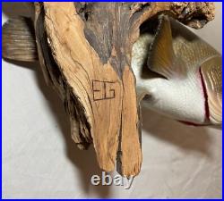 Vintage handmade EG carved wood smallmouth bass wall fish mount trophy sculpture Vintage handmade EG carved wood smallmouth bass wall fish mount trophy sculpture