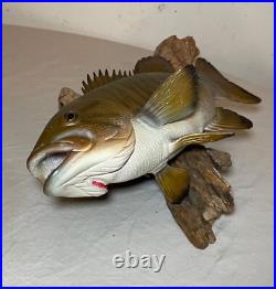 Vintage handmade EG carved wood smallmouth bass wall fish mount trophy sculpture Vintage handmade EG carved wood smallmouth bass wall fish mount trophy sculpture