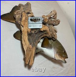 Vintage handmade EG carved wood smallmouth bass wall fish mount trophy sculpture Vintage handmade EG carved wood smallmouth bass wall fish mount trophy sculpture