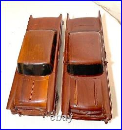 Vintage handmade carved mahogany folk art Chevrolet scale models cars sculptures