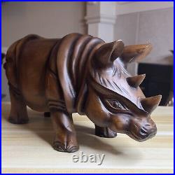 Vintage large Rhinoceros Rhino Wood Carving, Solid Sculpture Rhino Statue