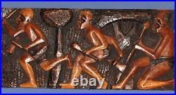 Vintage large hand carved wood wall decor plaque African motive hunting
