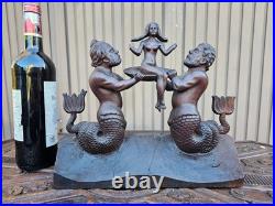 Vintage wood carved mythological sea male figurines girl plate statue