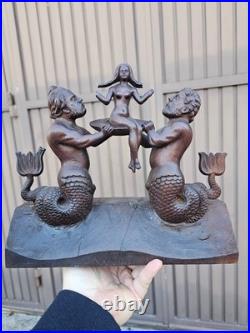 Vintage wood carved mythological sea male figurines girl plate statue