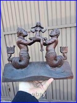 Vintage wood carved mythological sea male figurines girl plate statue
