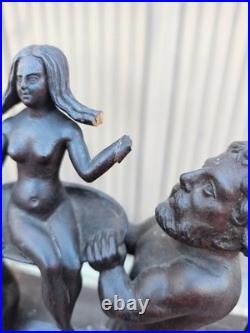 Vintage wood carved mythological sea male figurines girl plate statue