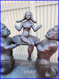 Vintage wood carved mythological sea male figurines girl plate statue