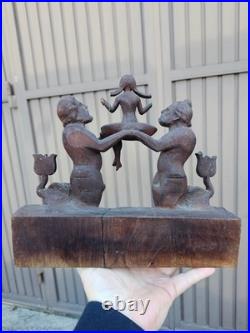 Vintage wood carved mythological sea male figurines girl plate statue