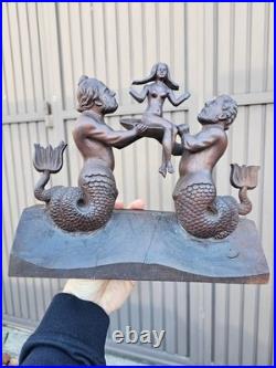 Vintage wood carved mythological sea male figurines girl plate statue