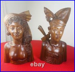 Vtg 1930s Bali Teak Wood Busts 13 Pair Hand-Carved Balinese Sculpture Man Woman