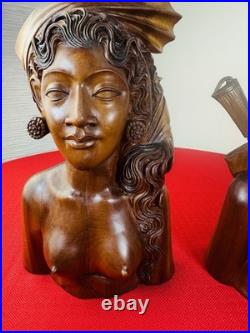 Vtg 1930s Bali Teak Wood Busts 13 Pair Hand-Carved Balinese Sculpture Man Woman