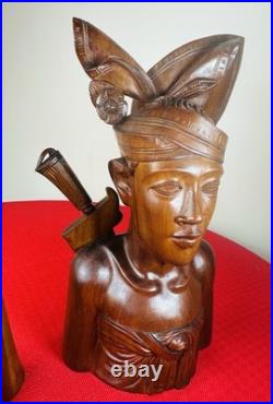 Vtg 1930s Bali Teak Wood Busts 13 Pair Hand-Carved Balinese Sculpture Man Woman